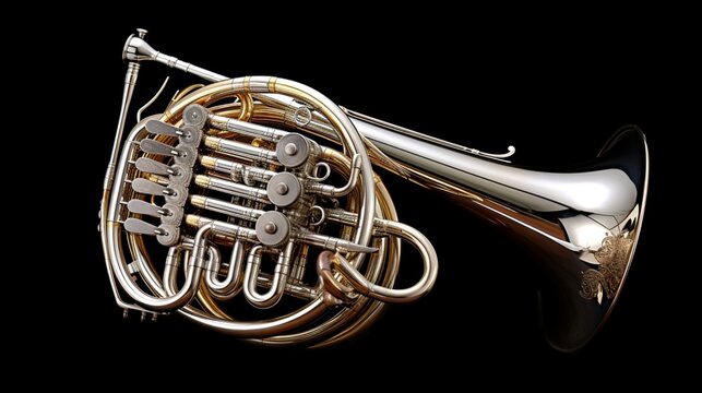 an ornate French horn, highlighting its complex tubing and rich tones, perfectly isolated against a clean white background.