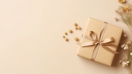 Obraz na płótnie Canvas Craft gift boxes with flower on light beige background. Copy space minimalism style template background