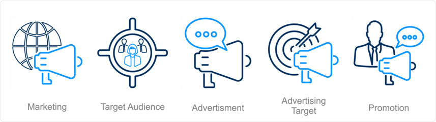 A set of 5 Branding icons as marketing, target audience, advertisement