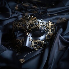 Dramatically beautiful gothic mysterious mask laying on satin silk 