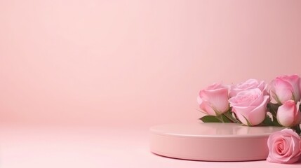 Empty podium with pink roses on pastel pink background to display products, gift or cosmetics