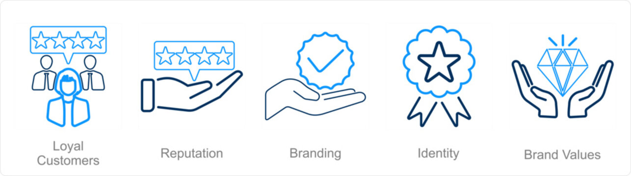 A set of 5 Branding icons as loyal customer, reputation, branding