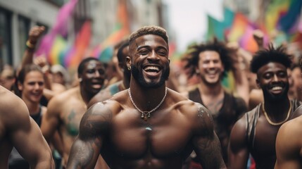 Full body photography of a group of beautiful muscular men during the gay pride parade, include one black man, they are dancing and having fun, rainbow colors,  - obrazy, fototapety, plakaty