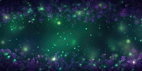 Green glowing emerald background for a poster, vibrant purple, vibrant gold, sparkles, garden at the borders