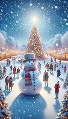 snowman with christmas tree and gifts