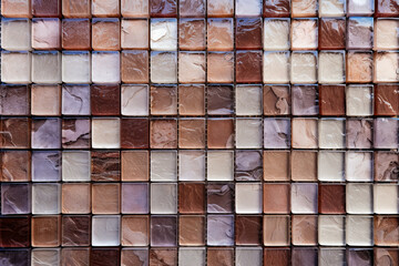 Mosaic tile wall with brown and white pattern on it.