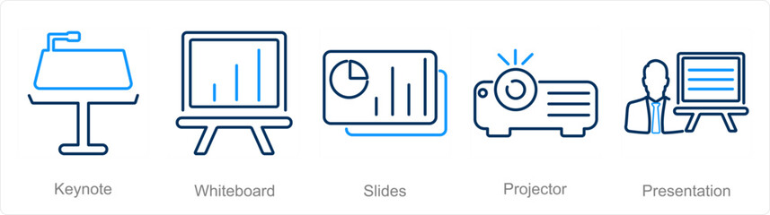 A set of 5 Business Presentation icons as keynote, white board, slides