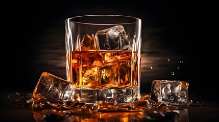 Whisky fluid liquid background, luxury still life of whisky glass with ice cube