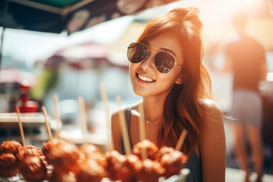 Happy Cheerful Asian Girl Woman Tourist Eating Fast Food Delicious Octopus Balls On A City Street