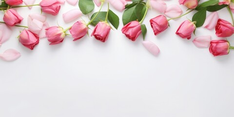 Minimalism, pink rose buds on right side of website tile. white background, ultra photo real