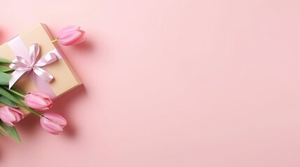 Top view photo of stylish pink giftbox with ribbon bow and bouquet of tulips on isolated pastel pink background with copyspace