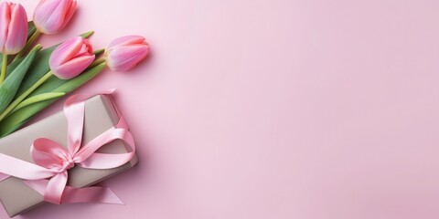 Fototapeta na wymiar Mothers or Woman Day concept. Top view photo of stylish pink gift with pink ribbon bow and tulips flower