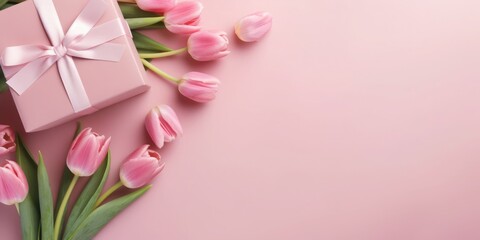 Mothers or Woman Day concept. Top view photo of stylish pink gift with pink ribbon bow and tulips flower