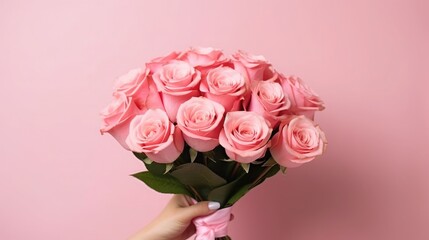 Photo of cropped man arm hold big bright decorated bunch of pink roses giving girlfriend valentine day romance gift present bouquet composition isolated pink color background, with copy space, - obrazy, fototapety, plakaty