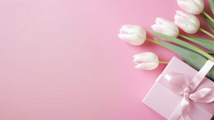 Fototapeta na wymiar Pink and white tulips and gift boxes on a pink background, dull pink background, light pink background, flowers background, dreamy floral background, soft flowers, pink background, floral background, 