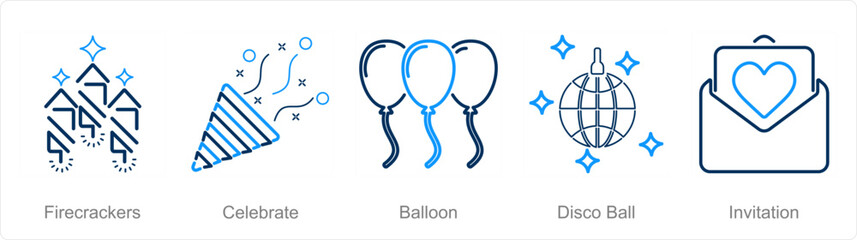 A set of 5 Celebrate icons as firecrackers, celebrate, balloons
