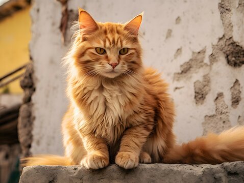 an orange cat sitting on a wall