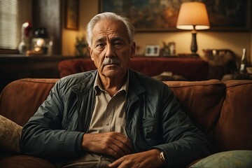 Fototapeta premium A senior person sitting on sofa Ai generated.
