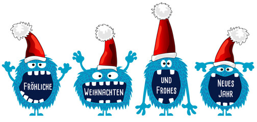 Monster Weihnachten Cartoon, Gruppe lustig behaarte blaue Weihnachtsmonster mit großem Maul und Eckzähnen, mit Nikolausmütze und mit deutschem Text - Fröhliche Weihnachten und ein frohes Neues Jahr - obrazy, fototapety, plakaty