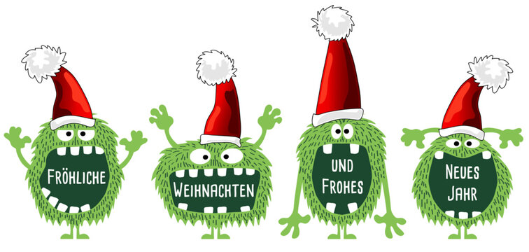 Monster Weihnachten Cartoon, Gruppe lustig behaarte grüne Weihnachtsmonster mit großem Maul und Eckzähnen, mit Nikolausmütze und mit deutschem Text - Fröhliche Weihnachten und ein frohes Neues Jahr