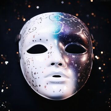 The inner reverse side of a monotonous white mask against the background of space with a cluster of stars, cosmic nebulae and galaxies. Live photo. The best quality. High detail. Juicy colors