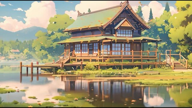 Traditional house on a beautiful lake with calm waters. Animation with anime or Japanese cartoon acrylic painting style that repeats over and over again. Anime wallapaper for live desktop wallpaper.