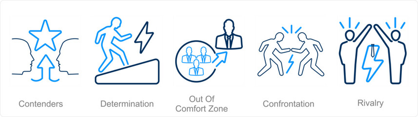 A set of 5 Challenge icons as contenders, determination, out of comfort zone