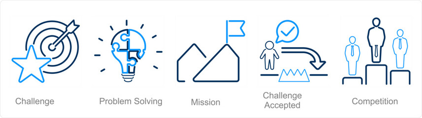 A set of 5 Challenge icons as challenge, problem solving, mission
