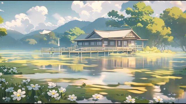 Traditional house on a beautiful lake with calm waters. Animation with anime or Japanese cartoon acrylic painting style that repeats over and over again. Anime wallapaper for live desktop wallpaper.