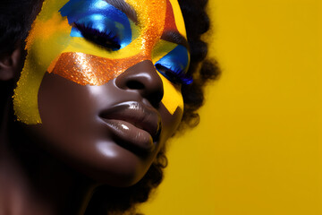 Fashion editorial Concept. Stunning beautiful black woman high fashion in bright neon colourful clay makeup paint. illuminated with dynamic composition and dramatic lighting. copy text space