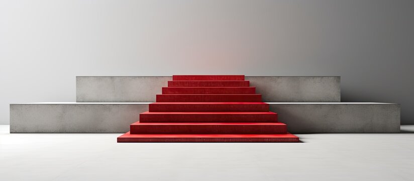 Low angle side view of ascending grey concrete stairs with a red carpet.