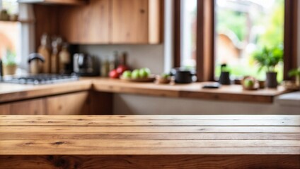Fototapeta na wymiar Blurred Kitchen Countertop on Empty Wooden Table Background, Wooden Table
