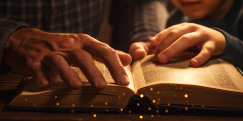 Prayer Revival Bible,Worship christian with bible concept young woman person hand holding holy bible with lights,Hands Holding Open Bible,Christian hand while praying and worship for christians - obrazy, fototapety, plakaty
