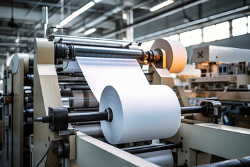 Equipment for paper production. Large plant for the production of paper and cardboard. Modern equipment. - obrazy, fototapety, plakaty