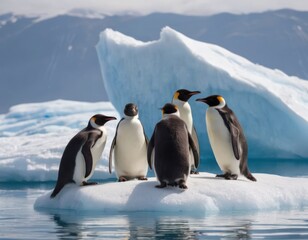 Colony of penguins huddled together on an iceberg, with a blue s - obrazy, fototapety, plakaty