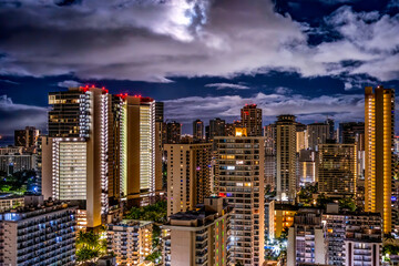 Colorful Night Illuminated Hotels Buildings Moon Waikiki Honolul