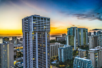 Fototapeta na wymiar Colorful Sunset Pacific Ocean Buildings Waikiki Honolulu Hawaii
