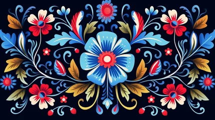 Fotobehang festive mexican flower traditional pattern: ethnic embroidery decoration, ornate folk graphic, symmetrical texture for backgrounds and wallpaper © Ashi