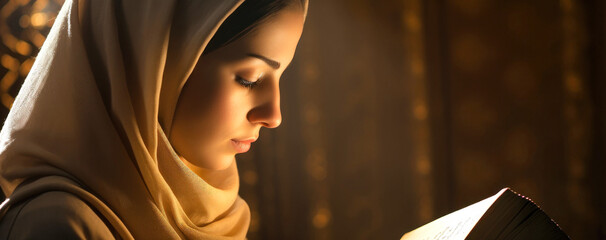 A young nun girl reads the Bible. Woman's prayer. Easter. Faith in Christ. - obrazy, fototapety, plakaty
