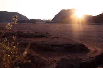 Sunset in the red desert of Wadi Rum, Jordan