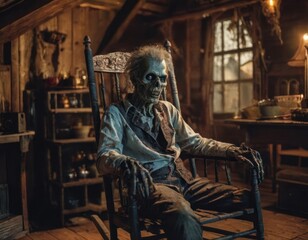 Scary zombie sit in old wooden chair in the room