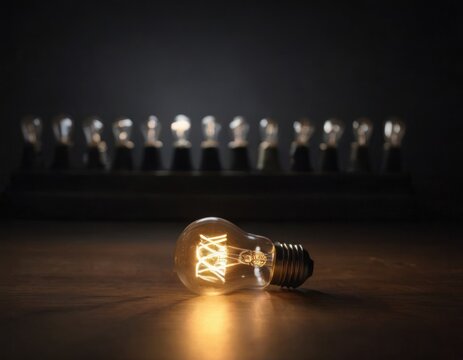 One burning light bulb and behind it there are unlit light bulbs