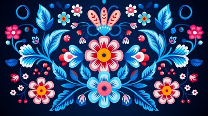 festive mexican flower traditional pattern: ethnic embroidery decoration, ornate folk graphic, symmetrical texture for backgrounds and wallpaper - obrazy, fototapety, plakaty