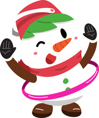 Cartoon character christmas snowman exercising with hula hoop for design.