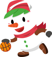 Cartoon character christmas snowman playing basketball for design.