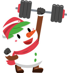 Cartoon christmas snowman doing weight training for design.