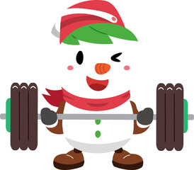 Cartoon christmas snowman doing barbell weight training for design.