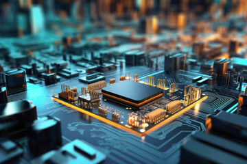 Motherboard with electronic components. Powerful processor. Development of computer technologies. Modern electronics production.