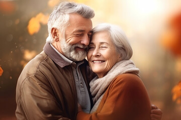 Fototapeta premium An elderly couple, a man and a woman, hugging in an autumn park. They look at each other with a loving gaze. Old people on a walk. Relationships in old age. Love and romance.