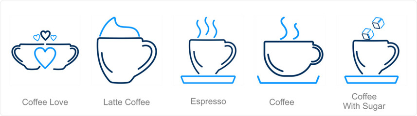 A set of 5 Coffee icons as coffee love, latte coffee, espresso